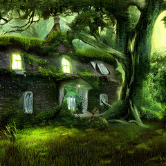 Digital Art Masterpiece Featuring a Cozy Cottage Hidden Amongst Ancient Trees of a High-Fantasy Realm. Generative AI.