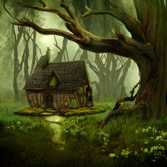 Awe-Inspiring Digital Art of a High-Fantasy Cottage Amidst Ancient Trees. Generative AI.