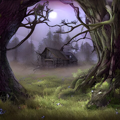 Breathtaking High-Fantasy Digital Art of a Cozy Cottage Overgrown with Ancient Trees. Generative AI.