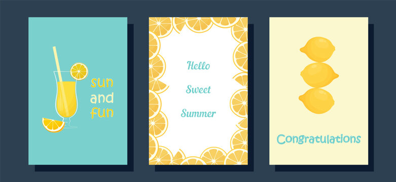 A set of postcards. Greeting card. Invitation. Save the date. Orange juice in a glass, lemons in turquoise yellow colors