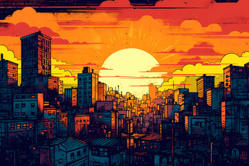 A city silhouetted against a vibrant and colorful sunset. generative AI