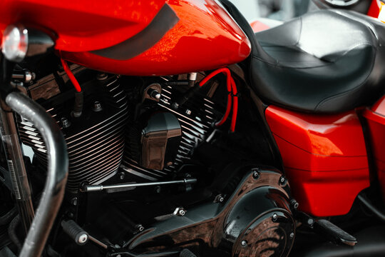Detail of the engine of a modern motorcycle close-up.