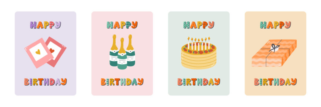 Set of cute postcard for Happy Birthday. Trendy and minimalistic posters with lettering and hand drawn illustration about birthday party, holiday, celebration, anniversary. Greeting card template.