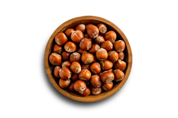 In shell hazelnuts bowl. Up view studio shoot isolated on white background.