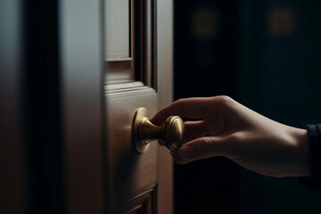A close up of a person's hand turning a doorknob. generative AI