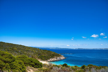 View from the hilly peninsula above Little Boat Harbour Beach near Point Henry in Bremer Bay, a remote village on the south coast of Western Australia

