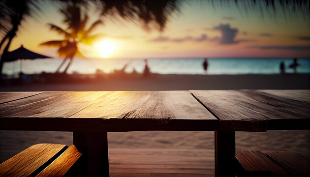 Empty wooden table in front of blurred tropical beach on sunset evening. Wooden background in beach. Ai generated image