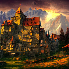 Epic High-Fantasy Digital Art of a German Castle Nestled Amongst Towering Mountains. Generative AI.