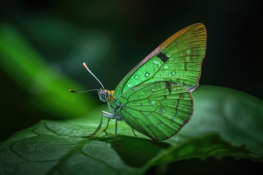Amazing green butterfly on a green leaf