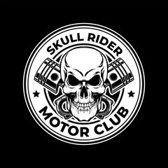 Skull rider motor club logo design illustration with skull and piston combination in black and white color