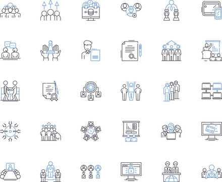 Marketing expo line icons collection. Exposition, Leads, Nerking, Promotions, Advertisements, Demos, Competition vector and linear illustration. Swag,Booths,Innovations outline signs set Generative AI