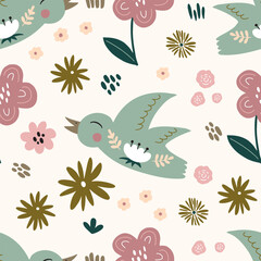 Seamless pattern with birds in scandinavian style surrounded by plants and flowers. Vector illustration for your design
