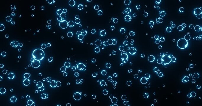 Neon Bubbles Fly Up and Burst on a Black Background. Beautiful 3d Animation Ultra HD 4K
