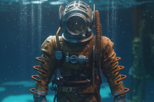 old diving full body suit and helmet under water,