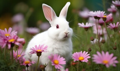 Obraz premium a white rabbit is sitting in a field of pink flowers. generative ai