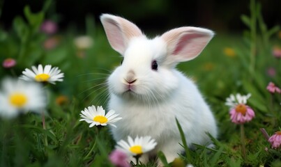 Obraz premium a white rabbit sitting in a field of daisies and daisies. generative ai