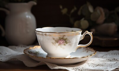 a tea cup and saucer sitting on a lace doily.  generative ai