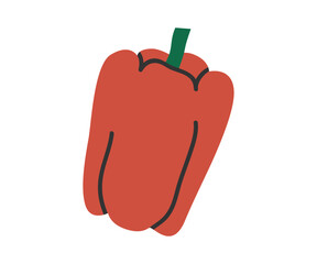 Hand drawn cute cartoon illustration of red pepper. Flat vector garden harvest sticker in colored doodle style. Fresh vegetable icon or print. Isolated on white background.