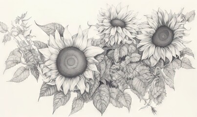  a drawing of a bunch of sunflowers with leaves.  generative ai
