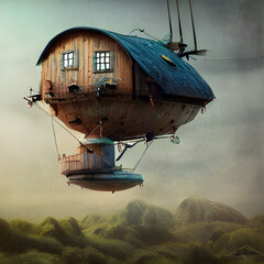 Ultra High Definition Photorealistic Flying House with Astounding Detailing and Unmatched Realism. Generative AI.