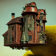 Impeccable Photorealistic Flying House with Incredible Detailing in Ultra High Definition. Generative AI.