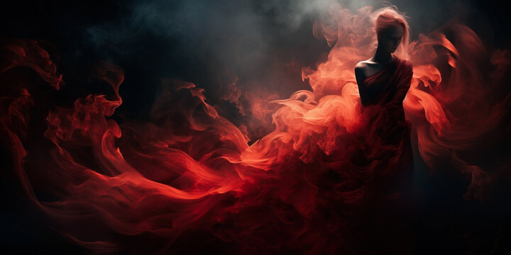 silhouette of a woman in red dress standing in a dark room full of red smoke. Generative AI