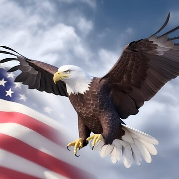 Eagle with American flag flying free. July 4th, independence day. Veterans Day, national flag day.