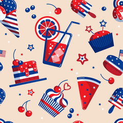 4th of July vector blue-red-white seamless pattern with food, drink, sweets, cupcakes, ice cream, watermelon, macaron, stars. USA patriotic background, decor, textiles, banners, wrapping, wallpaper
