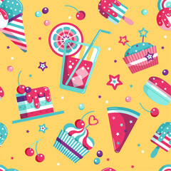 Seamless pattern of tasty sweet food, drink for Summer party. Vector illustration of ice cream, watermelon, fruits, cherry, blueberries, cupcake, macaroon, juice with orange or lemon in pastel colors