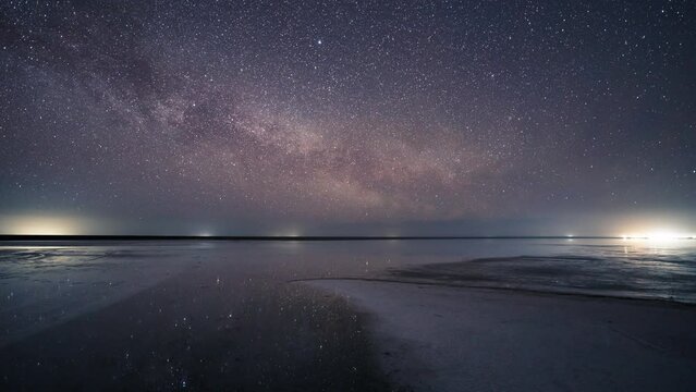 Night sky of stars and Milky way time lapse over the coastline of lake. Milky way Galaxy with stars and their reflection on water surface during an entire night.