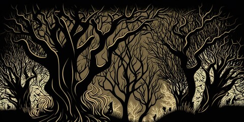 AI Generated. AI Generative. Engraving vintage retro woodcut linocut spooky evil halloween forest illustration. Graphic Art