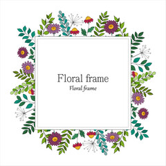Square floral frame with flowers and twigs.
