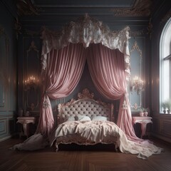 Discover the Magical Fairy Tale in this Luxurious Baroque Bedchamber Fit for a Princess: Glimmering Feathers, Velvet Curtains, and Beautiful Ornaments. Generative AI
