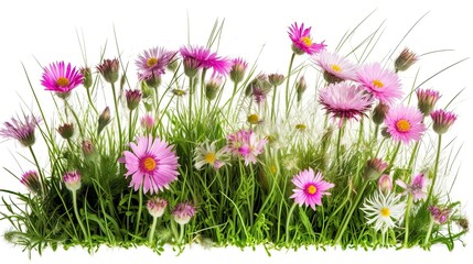 Discover Wild Daisies Blooming in a Lush Natural Field of Green Grass and Pink Spring Flowers Isolated on White Background: Generative AI - obrazy, fototapety, plakaty