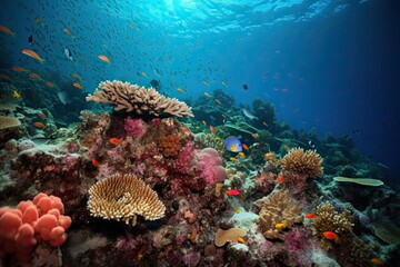 Fototapeta na wymiar Diving for Underwater Treasures: Unveiling the Coral Reefs and Sea Life: Generative AI