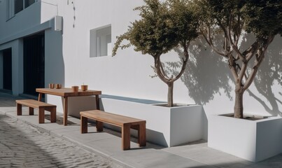 Obraz premium a couple of benches sitting next to a tree on a sidewalk. generative ai