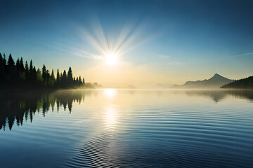A serene lake reflecting the surrounding mountains in the early morning light