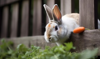  a rabbit with a carrot stuck in its ear sitting on a fence.  generative ai