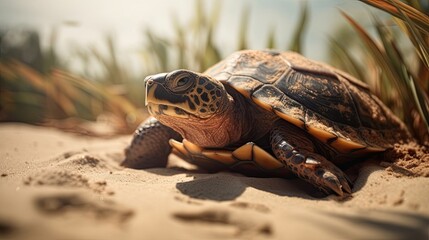 Obraz premium Escape to a Sunny Beach: Green Turtle Soaking Up Rays in Nature's Isolated Paradise: Generative AI