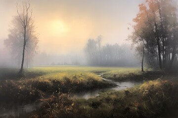 Obraz na płótnie Canvas Ethereal Beauty: A Silhouetted Landscape of Grass, Trees and Fog at Dawn. Generative AI