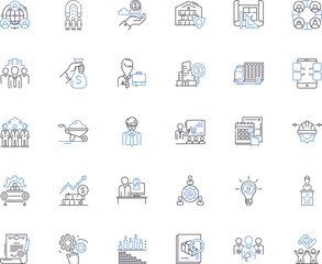 Line assembly line icons collection. Efficiency, Optimized, Streamlined, Production, Automation, Teamwork, Precision vector and linear illustration. Consistency,Momentum,Collaboration Generative AI