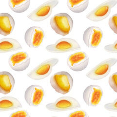 Seamless pattern breakfast, mixed eggs: fried, soft-boiled, raw. Hand drawn watercolor illustration isolated on white background. For menu, cookbook design