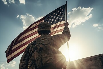 An American soldier with an American flag in his hand looks out into the clear weather for Day of Remembrance or July 4, Day of Remembrance. generative ai