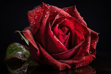 a dew-kissed red rose with velvety petals. generative AI