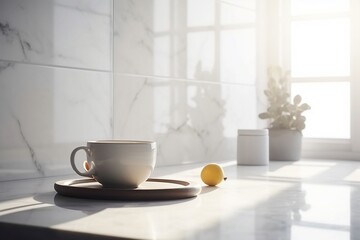 Fototapeta na wymiar Sleek white marble kitchen countertop with modern white cups, AI generated