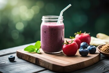 Blueberry smoothie with banana and oat flakes in jar on rustic wooden background.