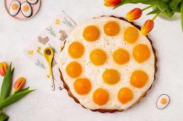 Homemade German Fried Egg Cake Spiegeleierkuchen with apricot and milk pudding on a light background with tulips. Traditional Easter Dessert. Festive Easter food.