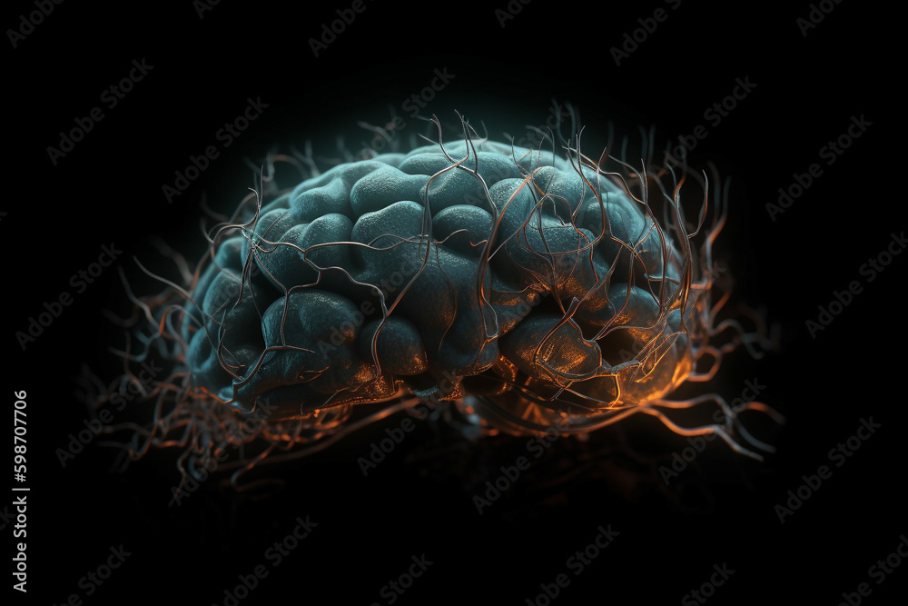 Poster human brain with a neural network of synapses lighting up. generative ai