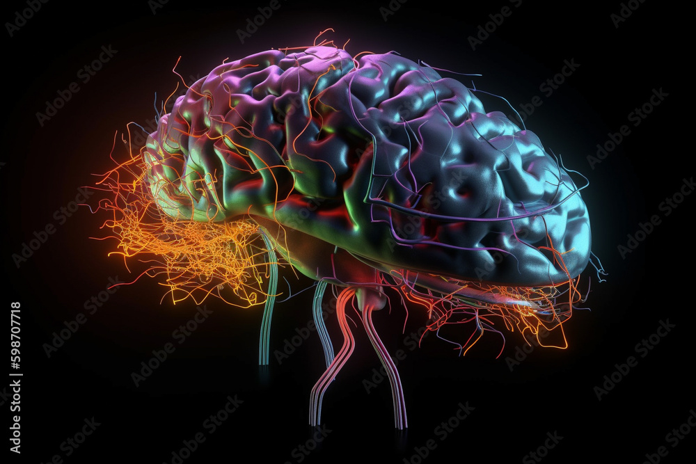 Poster human brain with a neural network of synapses lighting up. generative ai
