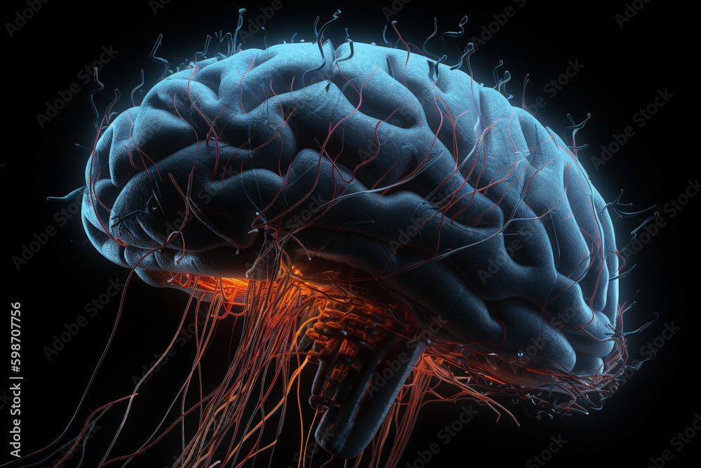 Poster human brain with a neural network of synapses lighting up. generative ai